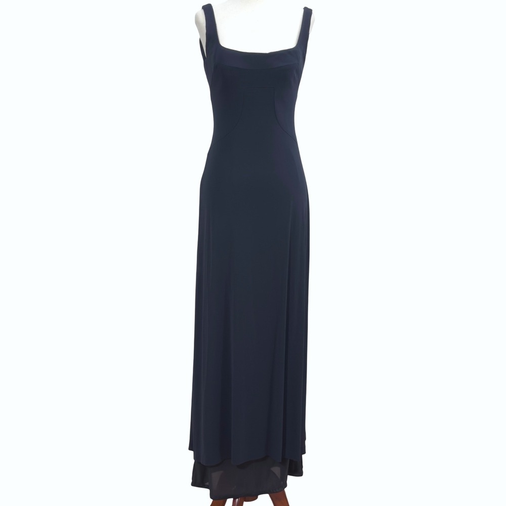 Vtg Andrea Polizzi for Rex Lester 90s Maxi Gown Sz 4 Navy Square Neck Cowl Back